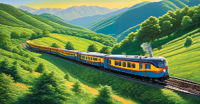 A colorful train traveling through green hills and mountains on a sunny day, with passengers visible in the windows enjoying the scenery.