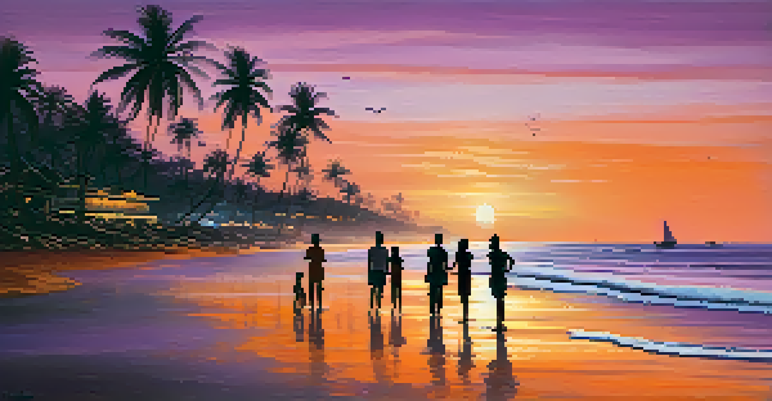Beautiful sunset at Kovalam Beach with golden sands, gentle waves, and silhouettes of people enjoying the serene atmosphere.