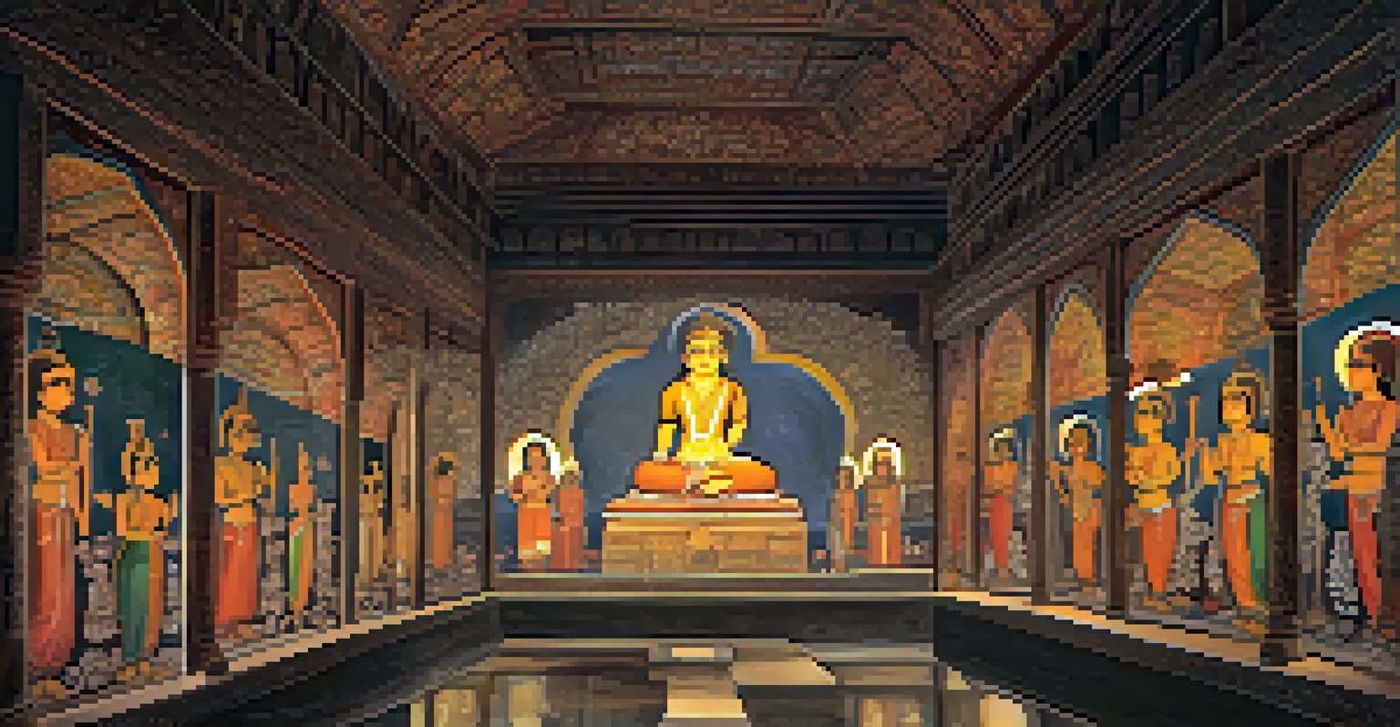 A close-up view of the vibrant frescoes inside the Ajanta Caves, showcasing rich murals and intricate designs with visitors in the foreground.