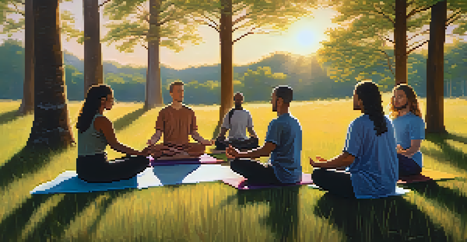 A group of individuals meditating outdoors in a circle surrounded by trees during sunset.