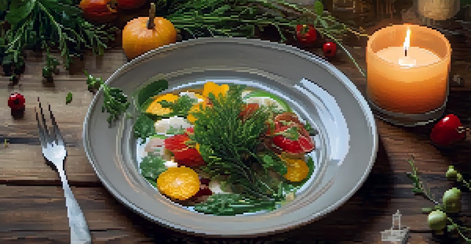A close-up view of an artfully arranged dish featuring seasonal produce, set on a wooden table with candlelight in the background.