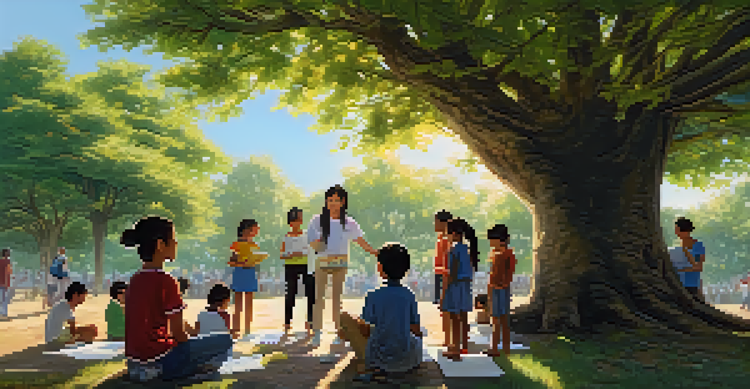 A volunteer teaching English to local students under a large tree, with sunlight and a chalkboard displaying words.