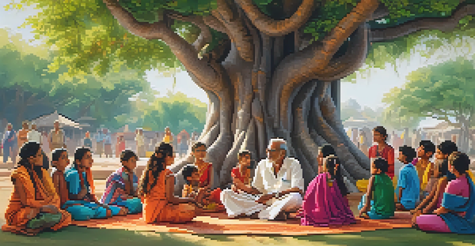 A village storyteller performing under a banyan tree with an audience of children and adults, surrounded by greenery and flowers.