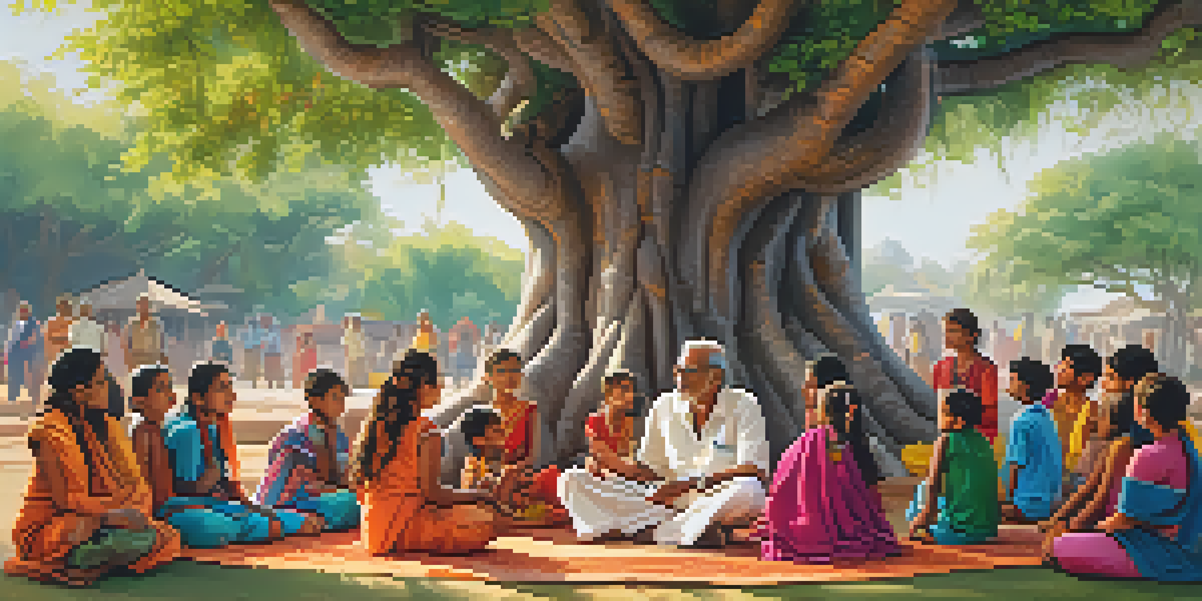 A village storyteller performing under a banyan tree with an audience of children and adults, surrounded by greenery and flowers.