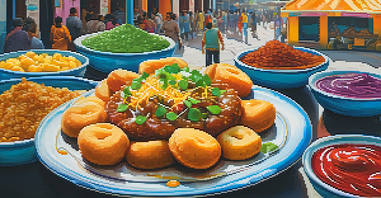 A close-up view of a colorful plate of Chaat with crispy dough and spiced potatoes, set against blurred street food stalls.