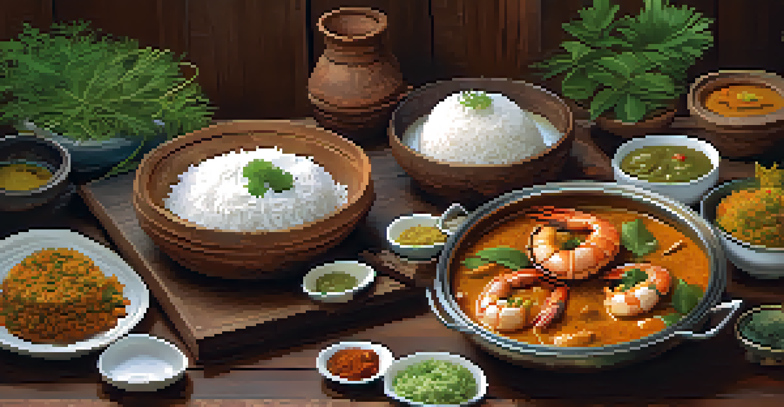 A vibrant seafood feast from the Konkan Coast, showcasing dishes like fish curry and prawn koliwada on a rustic wooden table.