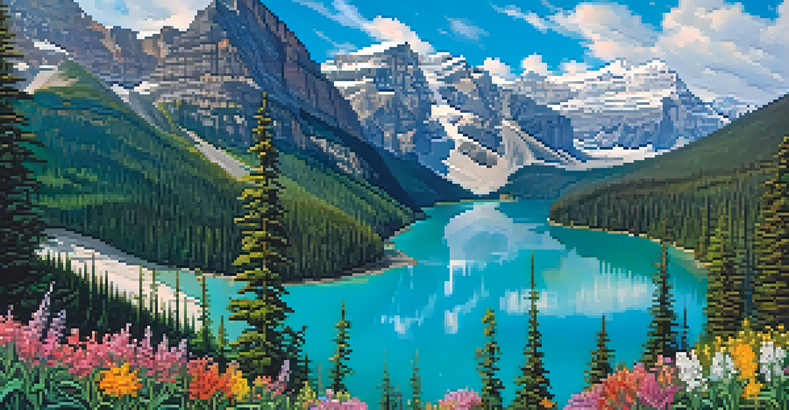 Aerial view of turquoise Lake Louise surrounded by snow-capped mountains and blooming wildflowers in Banff National Park.