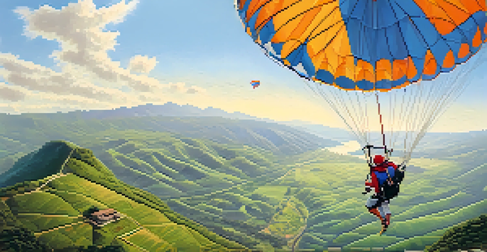 Beginner climbers on rocky cliffs in Kamshet with paragliders flying above in a beautiful landscape.