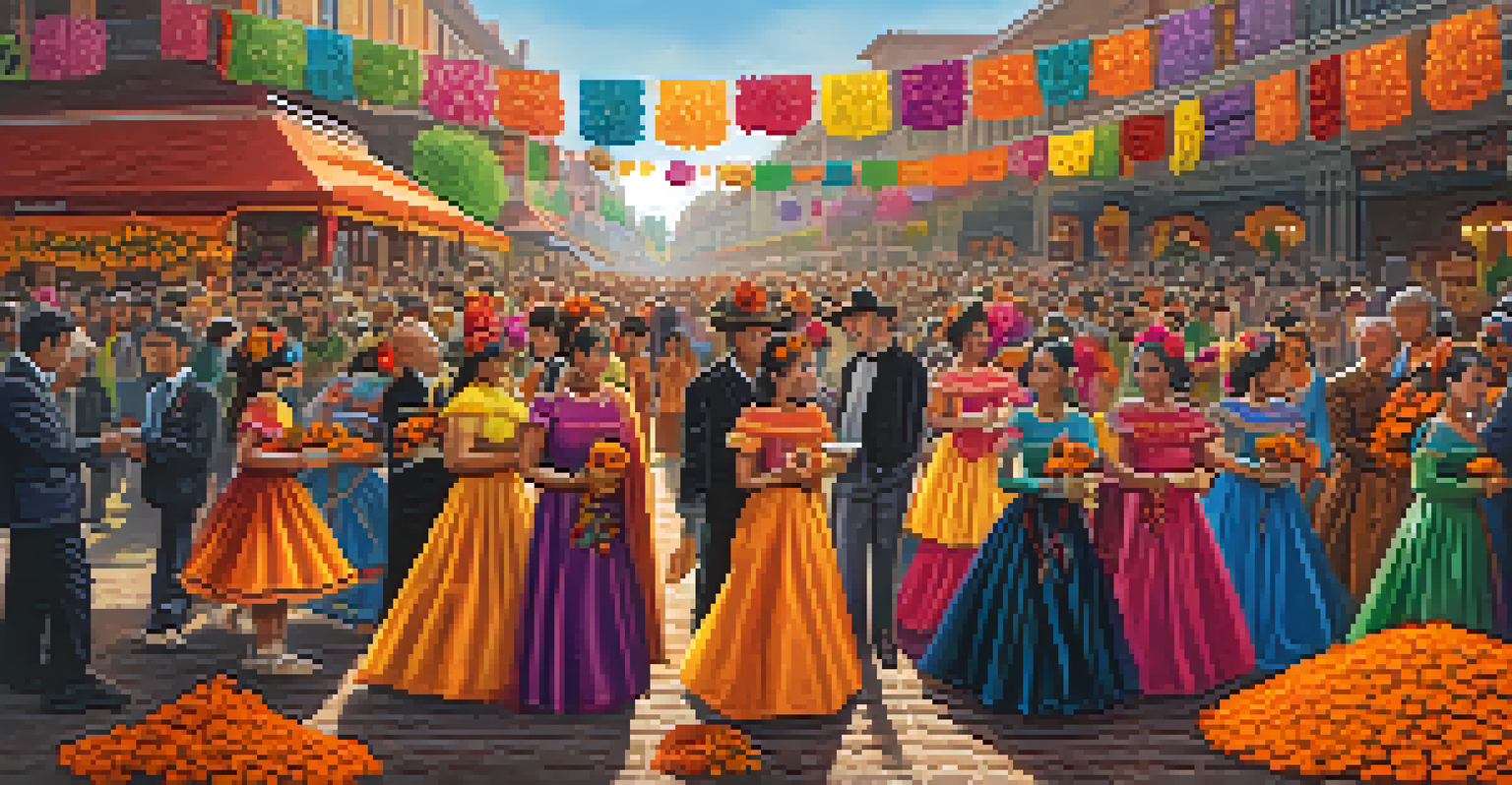 A vibrant Day of the Dead festival scene with altars, marigolds, and people in colorful outfits celebrating.