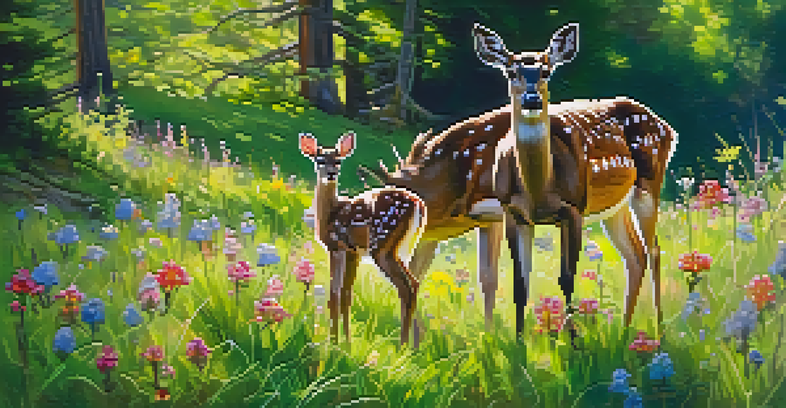 A mother deer and her fawn in a sunny meadow filled with wildflowers, highlighting the bond between them in a beautiful natural setting.
