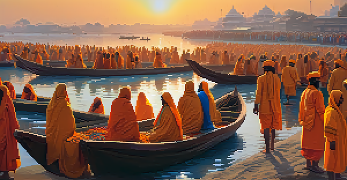A lively gathering of pilgrims in colorful clothing at Kumbh Mela, with the Ganges river and a sunrise backdrop.