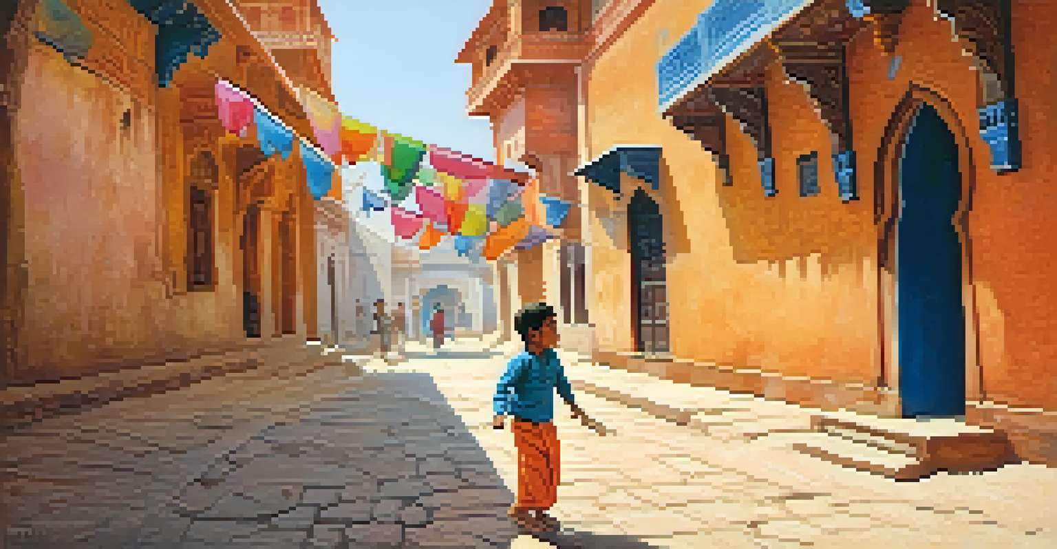 A joyful child flying a kite in a narrow street of Jaipur, with traditional architecture and a clear blue sky in the background.