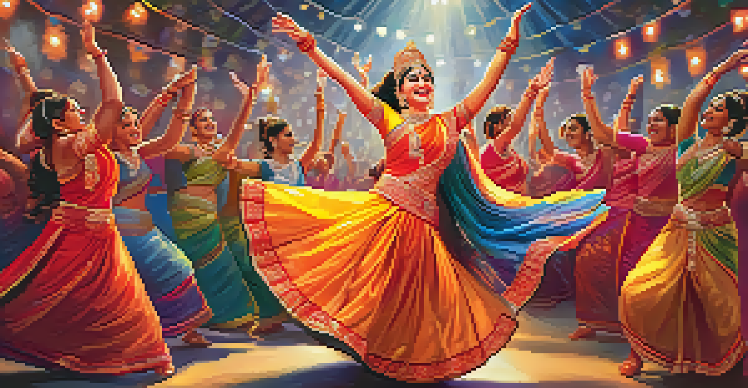 A lively dance performance during Durga Puja with performers in traditional attire, set against a brightly lit pandal and an enthusiastic audience.