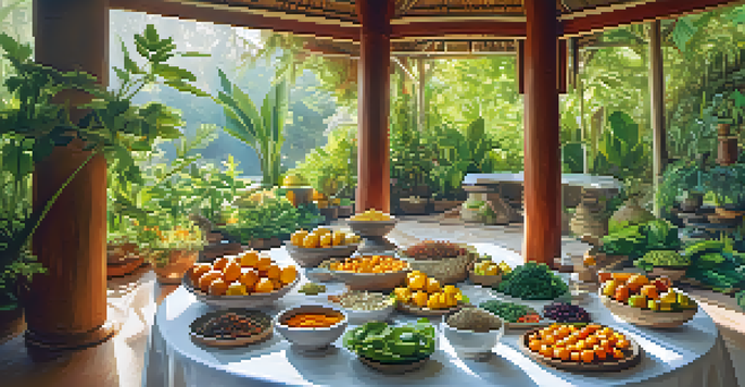 A wellness retreat table displaying colorful Ayurvedic superfoods, surrounded by greenery and dappled sunlight.