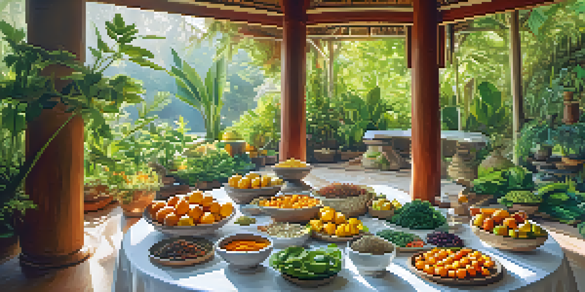 A wellness retreat table displaying colorful Ayurvedic superfoods, surrounded by greenery and dappled sunlight.