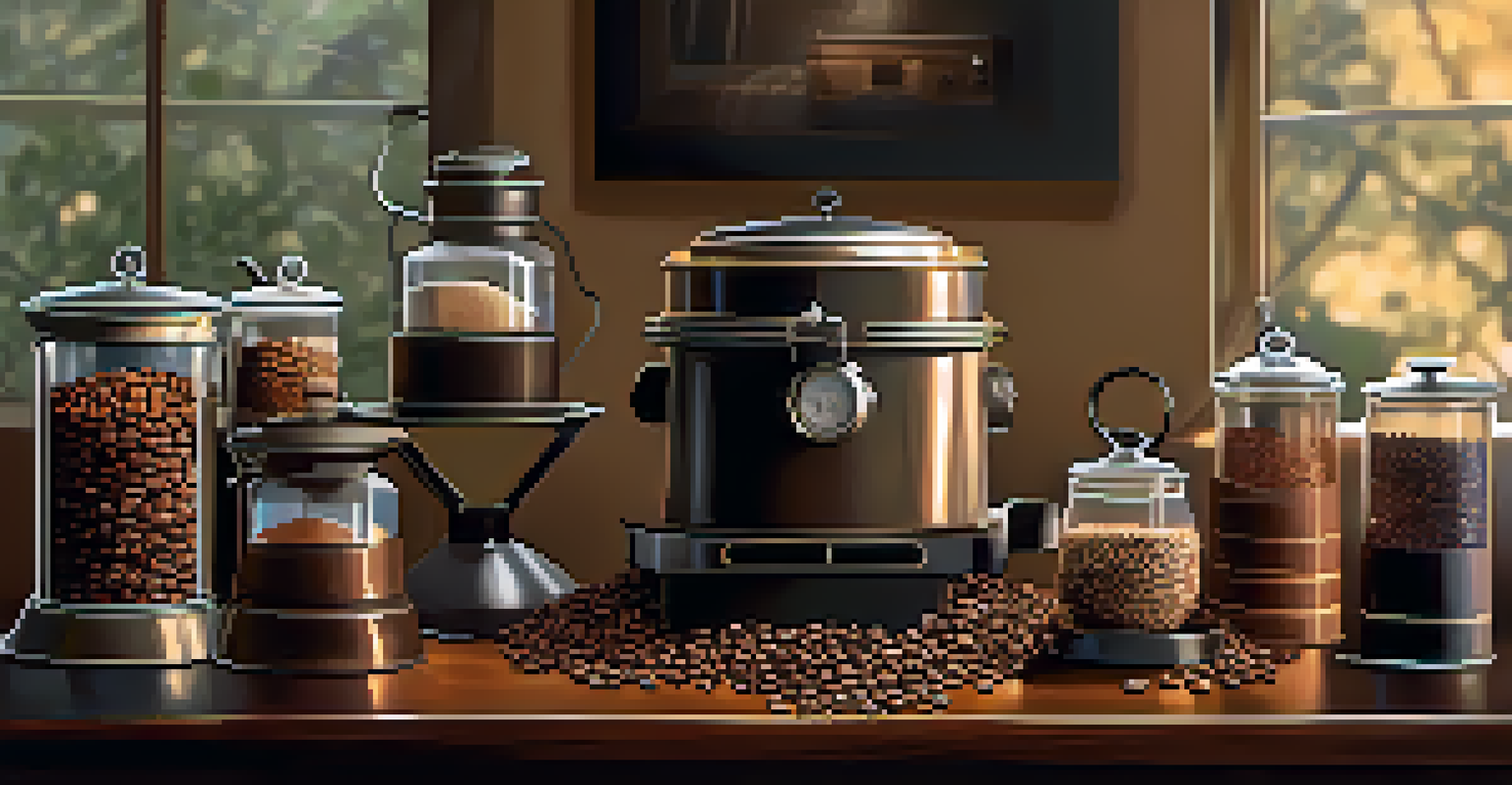 An artisanal coffee roaster's workspace with various roasted coffee beans and a vintage roaster.