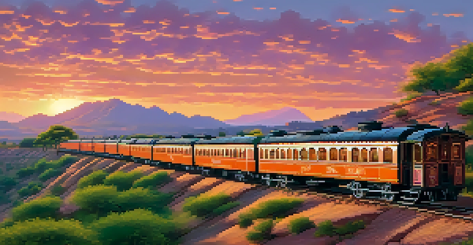 A vintage train passing through the scenic landscapes of Rajasthan at sunset, with hills and lush fields in the background.