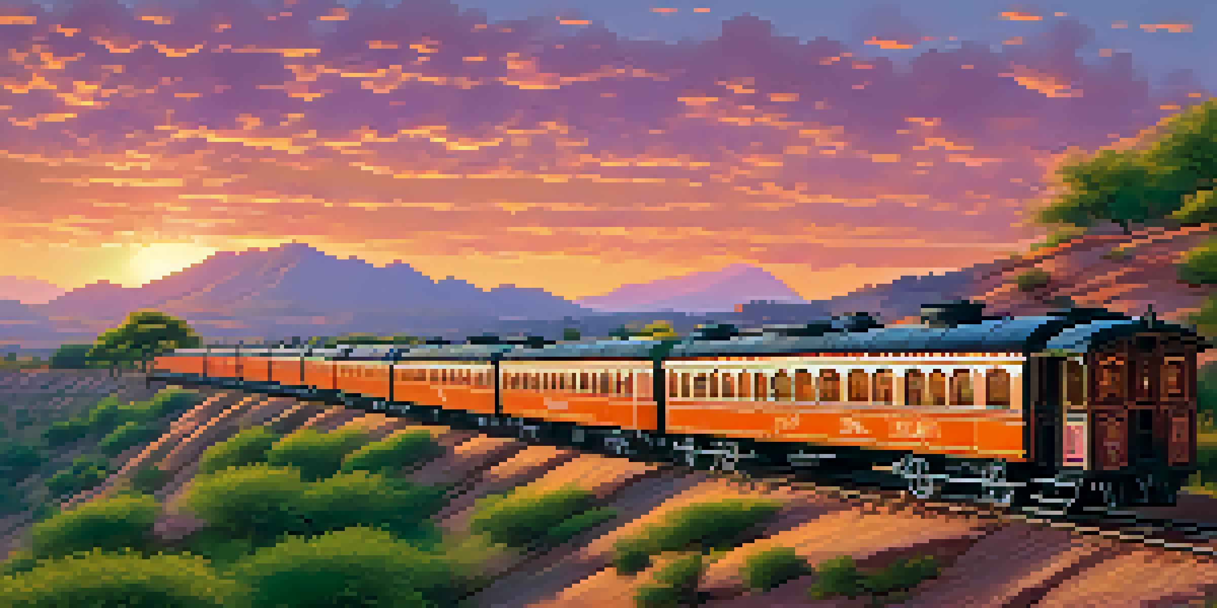 A vintage train passing through the scenic landscapes of Rajasthan at sunset, with hills and lush fields in the background.