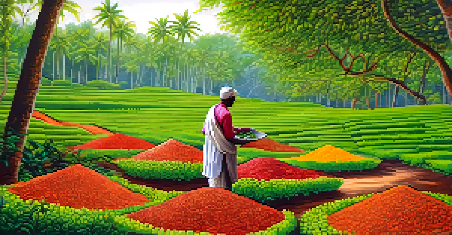 A vibrant spice plantation in Kerala with colorful spices and a local farmer explaining cultivation, surrounded by lush greenery.