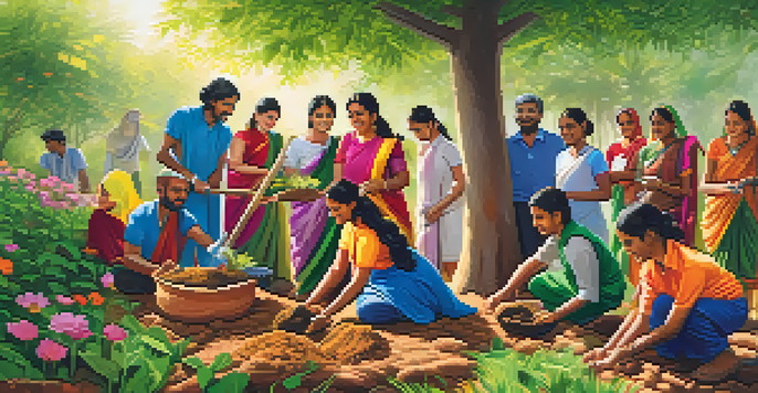 Diverse volunteers planting trees in a green landscape with flowers, smiling in the sunlight.