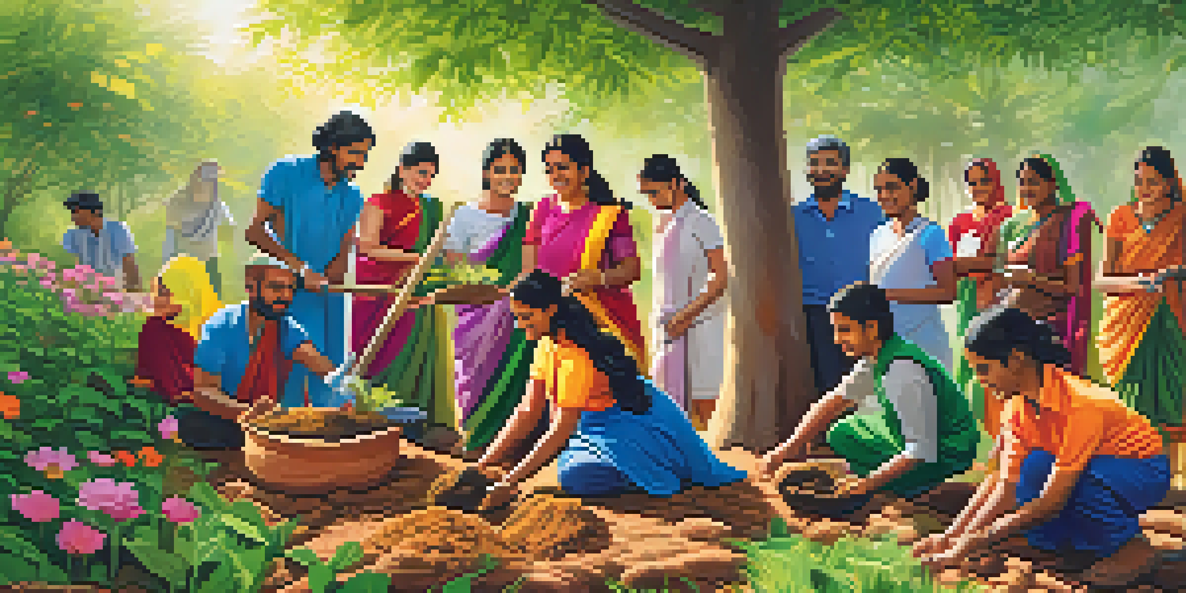 Diverse volunteers planting trees in a green landscape with flowers, smiling in the sunlight.