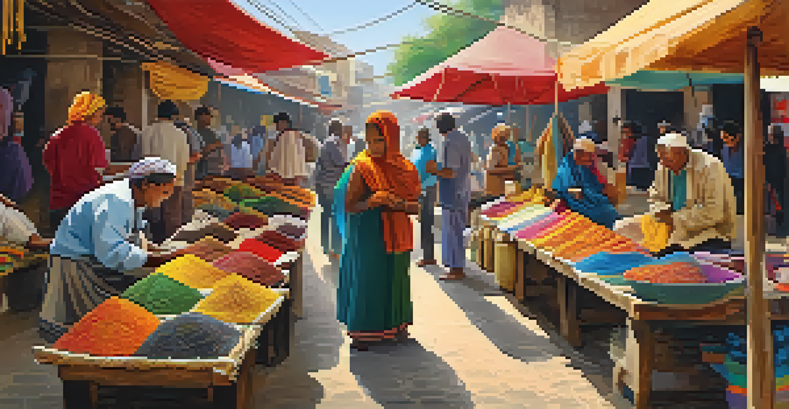 A bustling market in India with local artisans selling crafts, and volunteers interacting with sellers, filled with colorful textiles.