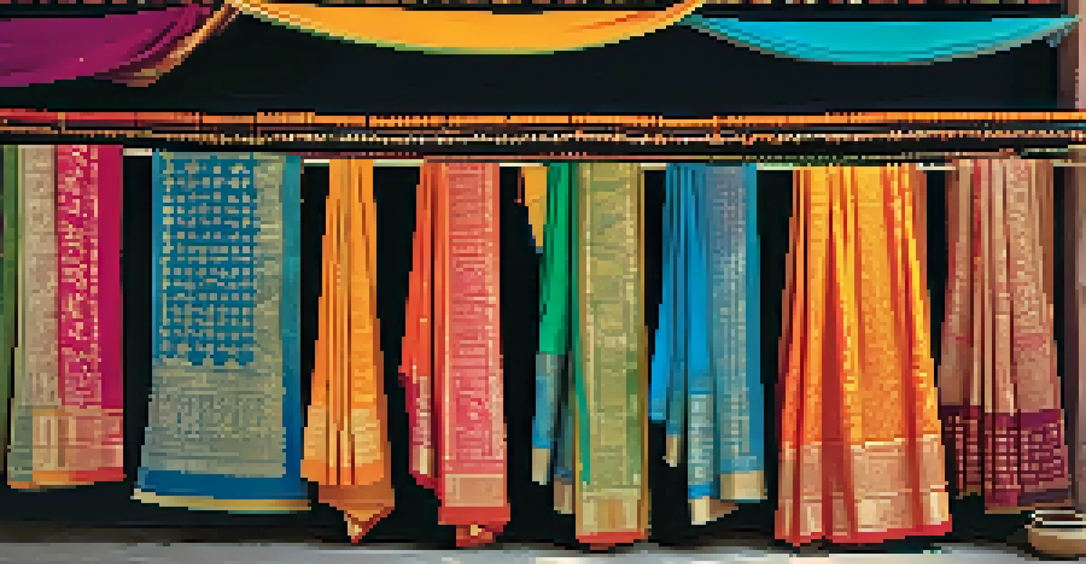 A market stall filled with colorful handloom textiles, including silk and sarees, displayed under sunlight.