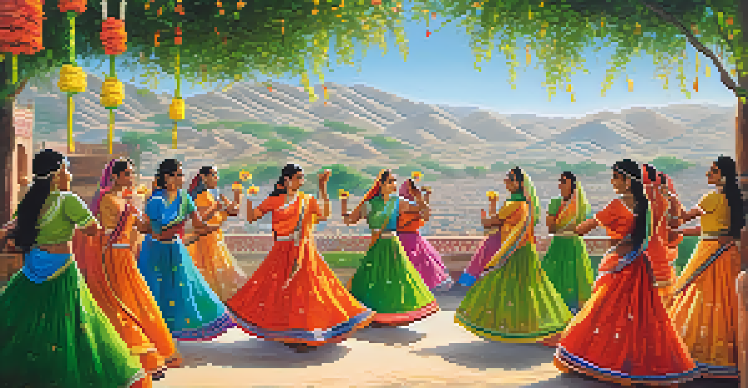 Women celebrating Teej festival in colorful attire, singing and dancing around flower-adorned swings in a lively setting.