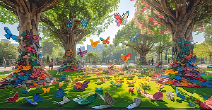 A large eco-friendly art installation in a green park, showcasing sculptures made from recycled materials that resemble trees, surrounded by colorful flowers and butterflies.