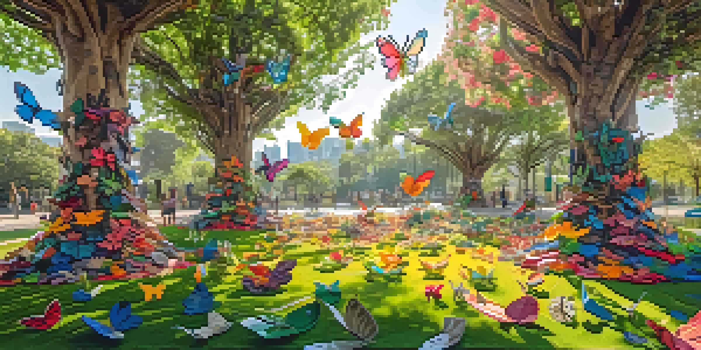 A large eco-friendly art installation in a green park, showcasing sculptures made from recycled materials that resemble trees, surrounded by colorful flowers and butterflies.