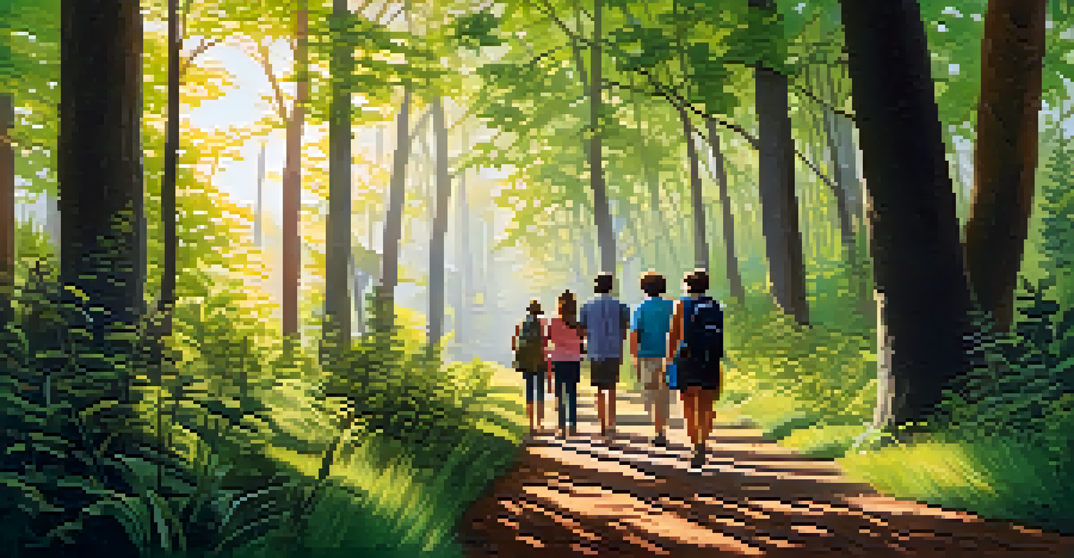 A diverse group of people enjoying a nature walk on a forest trail, surrounded by lush plants and birds, under soft sunlight.