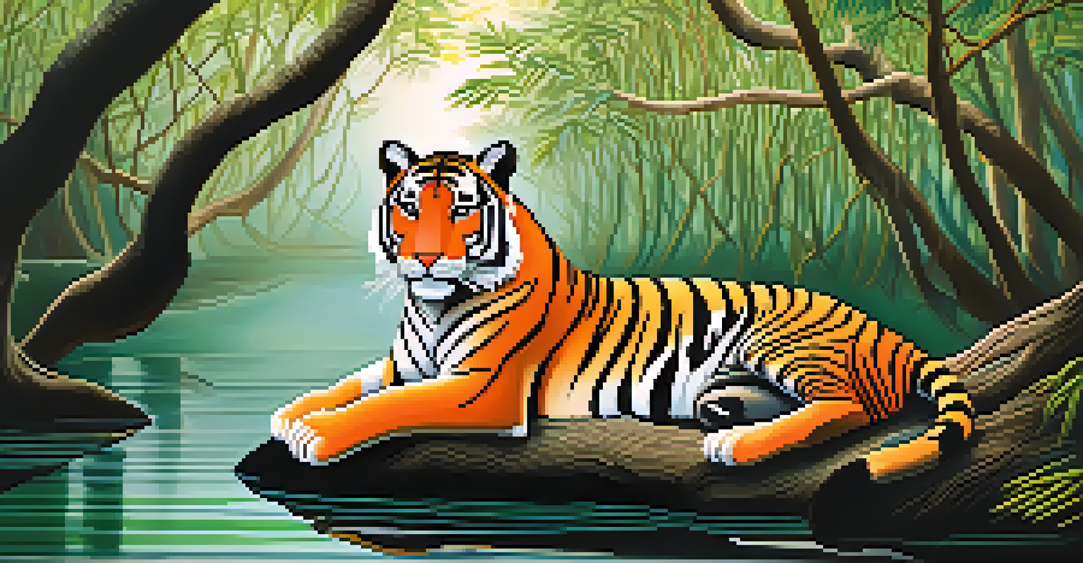 A Bengal tiger lounging in the mangroves of Sundarbans, with lush greenery and a river in the background.