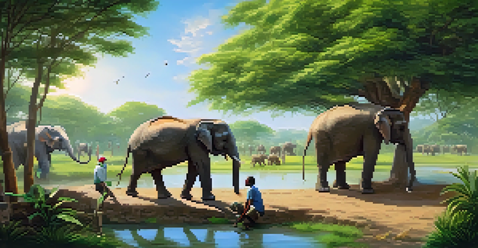 A wildlife rehabilitation center in India with veterinarians caring for an elephant and feeding birds in a lush green environment under warm sunlight.