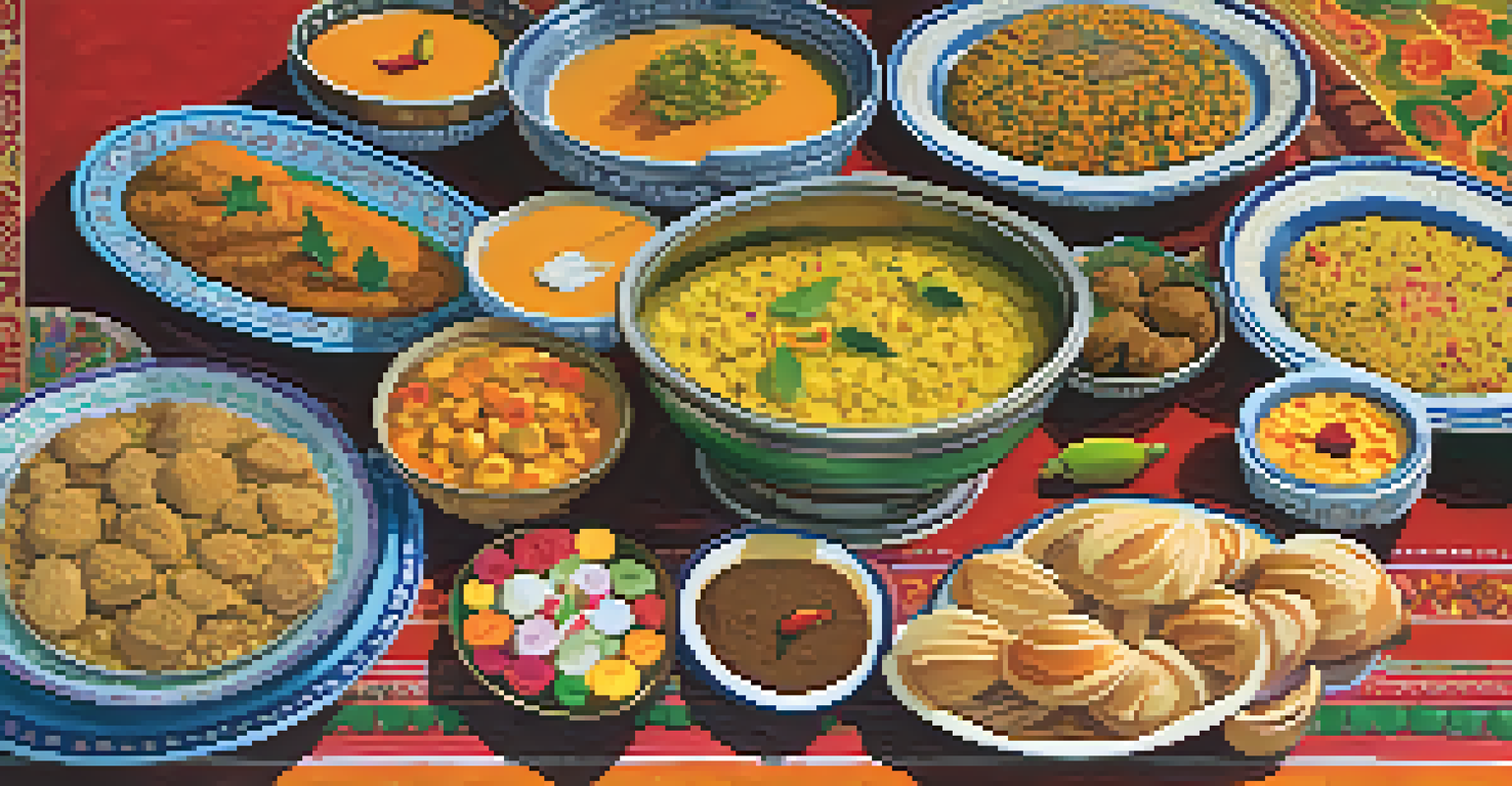 A traditional Bengali feast for Durga Puja, displaying various dishes on a colorful tablecloth, with candles and flowers enhancing the festive feel.