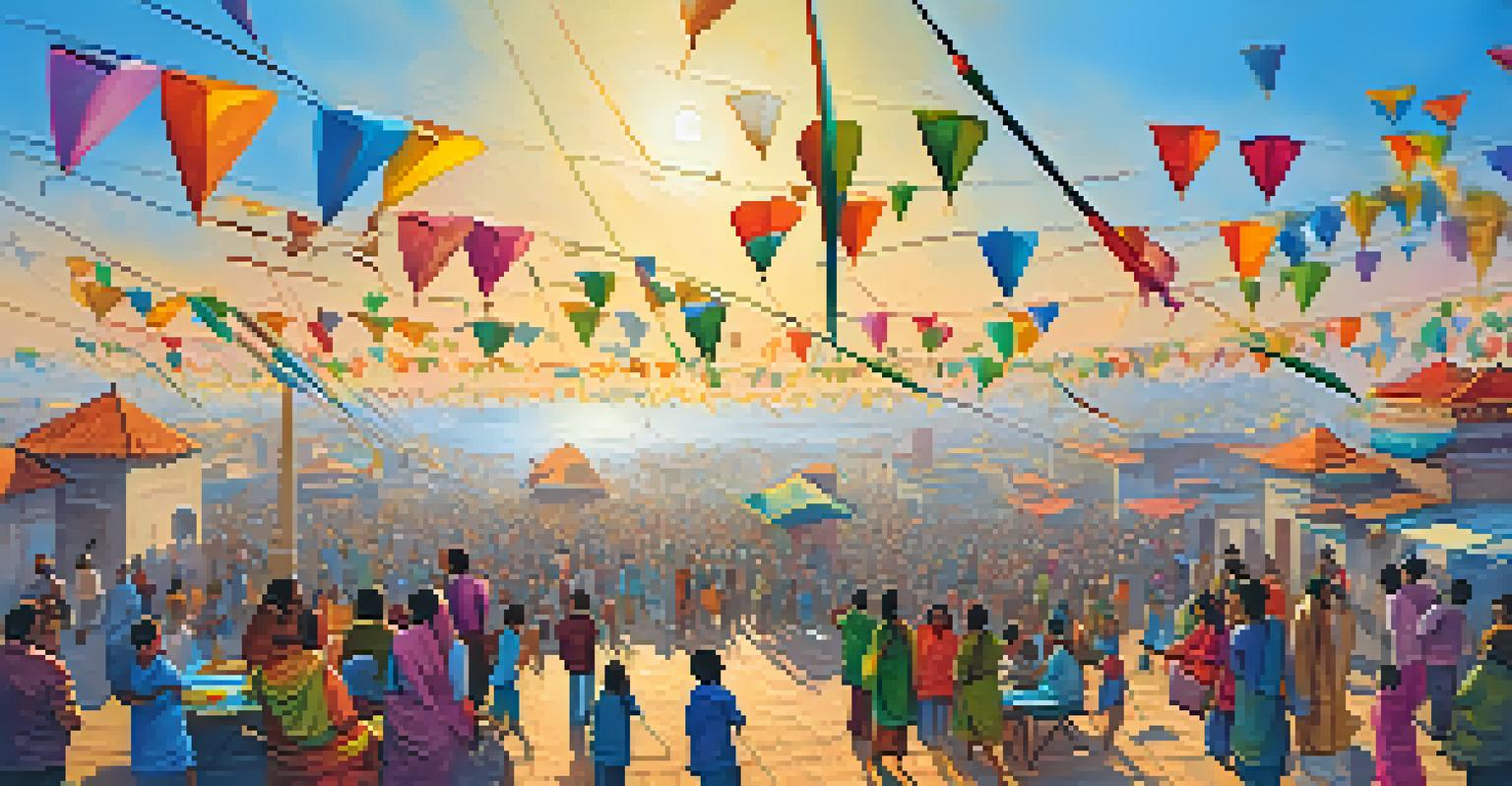 A lively Makar Sankranti celebration with families flying colorful kites in a bright blue sky, showcasing joy and camaraderie.