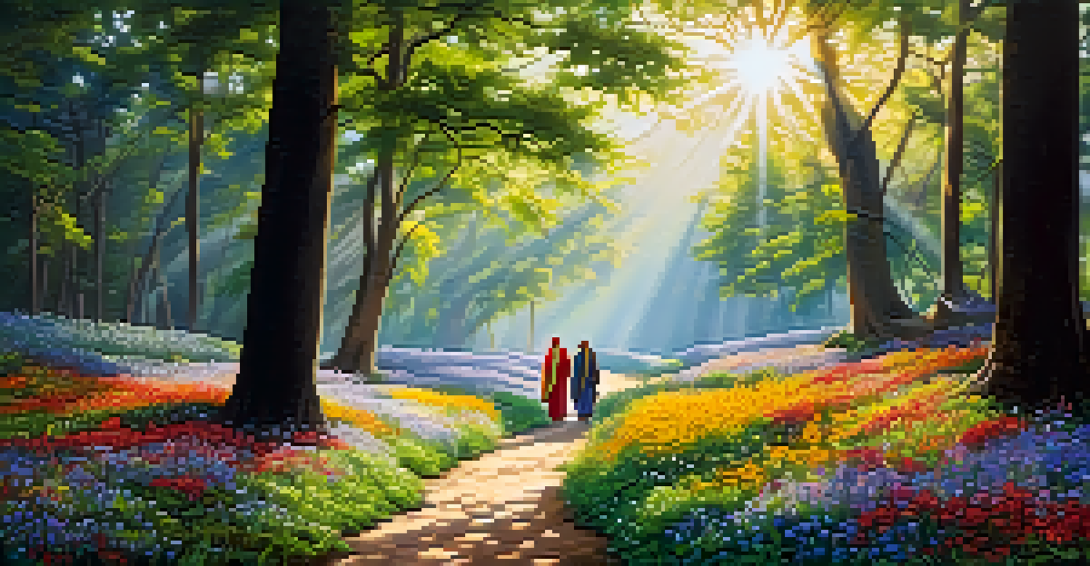 Pilgrims walking on a serene forest trail, with sunlight filtering through trees and colorful wildflowers lining the path.