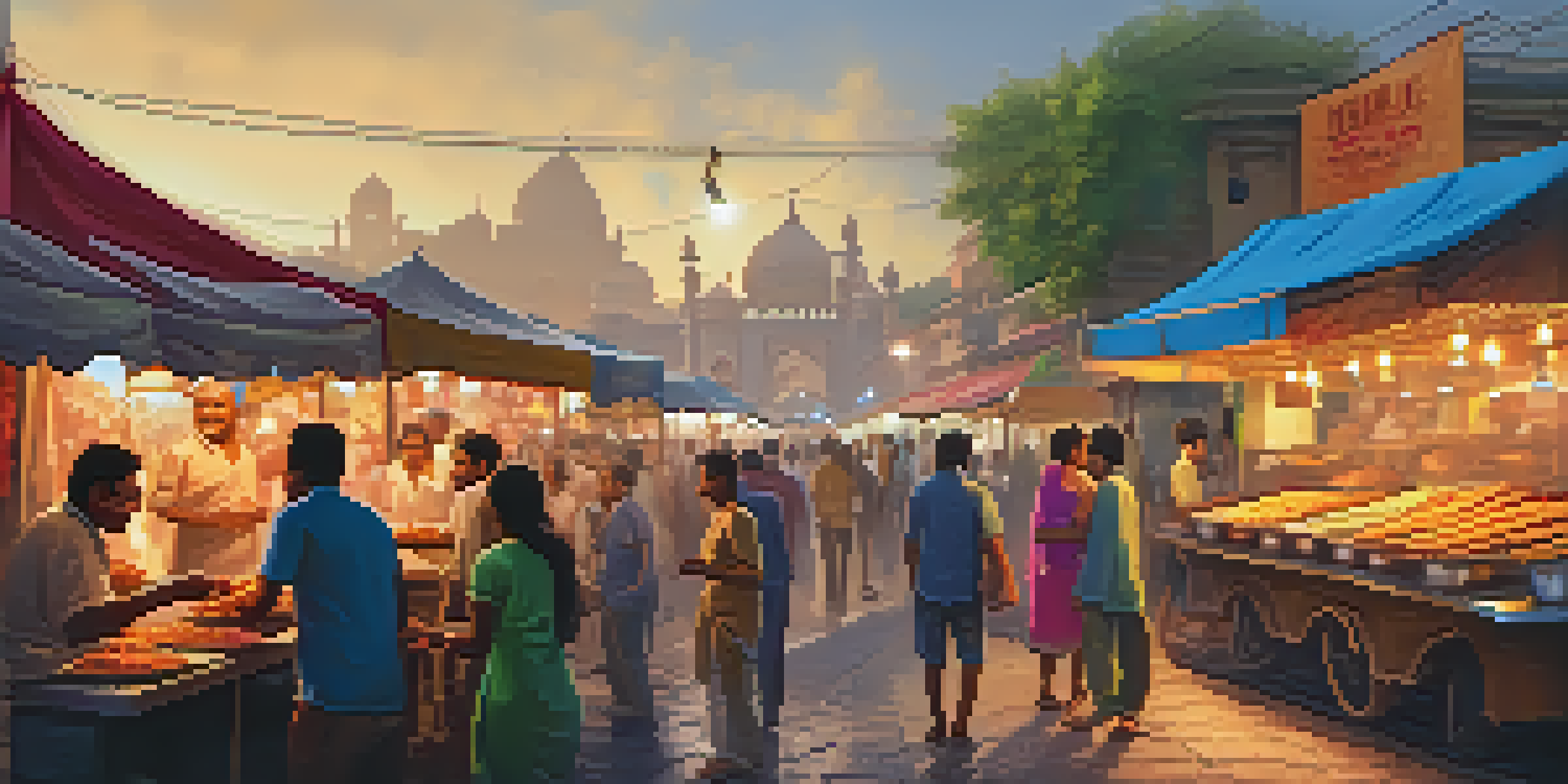 A lively street food market in India with vendors serving various dishes and people enjoying their meals.