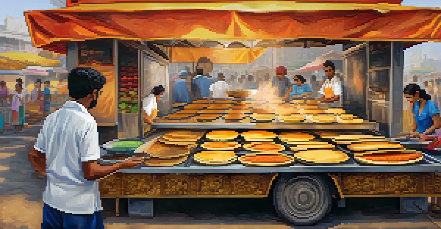 A vendor flipping dosas on a griddle with colorful chutneys on the side, highlighting the artistry of street food preparation.