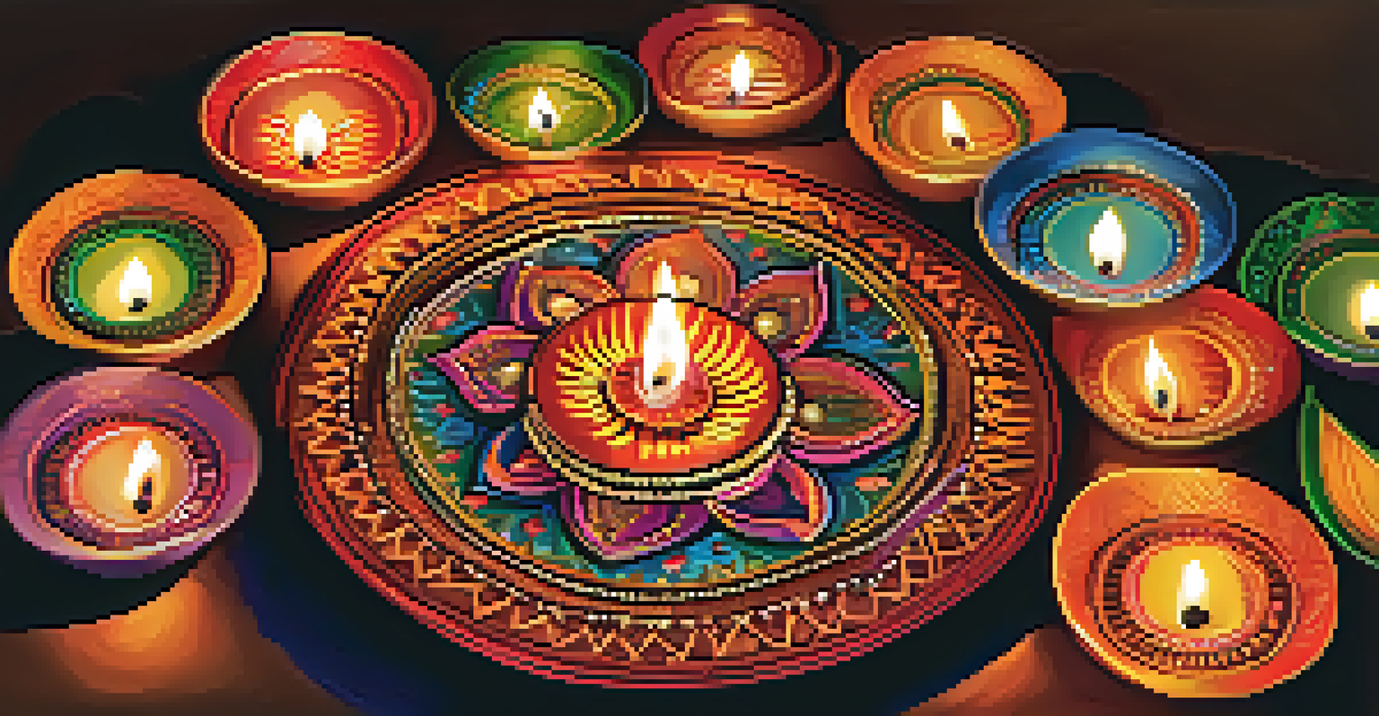 A close-up of colorful earthen lamps with flickering flames, arranged in a circular pattern, symbolizing Diwali.