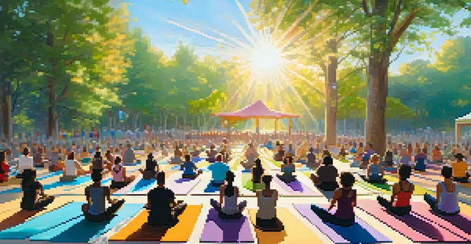 A colorful outdoor yoga festival with diverse participants practicing yoga on mats under the sun, surrounded by trees.