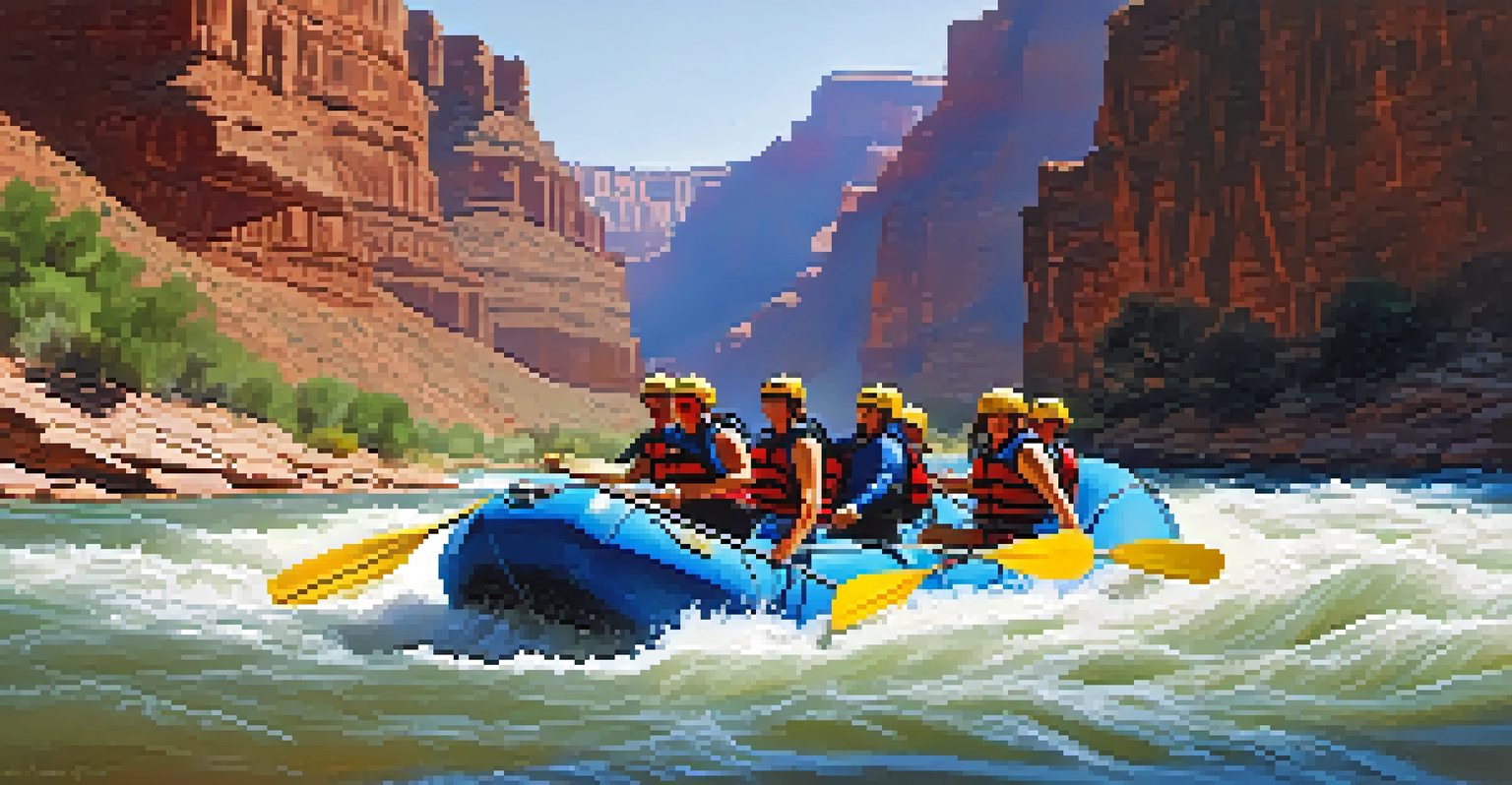 A group of rafters navigating white-water rapids in the Colorado River, surrounded by the Grand Canyon's striking landscape.
