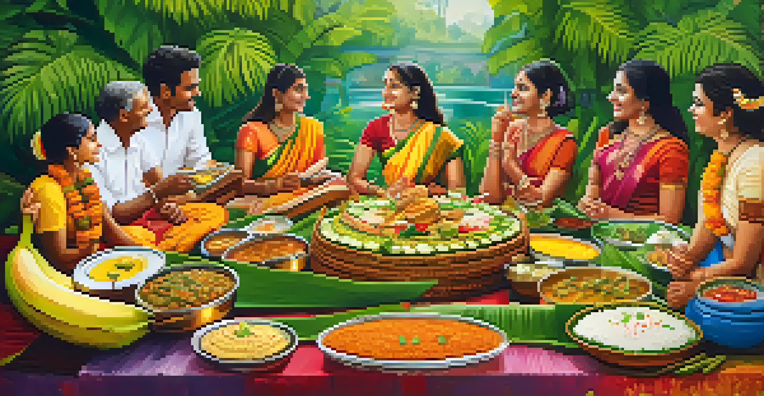 An elaborate Onam feast on a banana leaf with colorful vegetarian dishes, surrounded by family members in traditional attire amidst floral decorations.