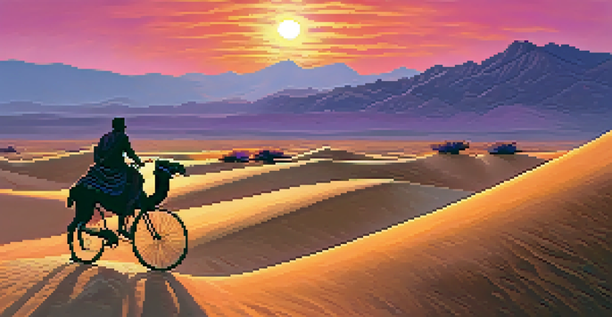 A cyclist riding through golden sand dunes at sunset, with a camel and mountains in the background.