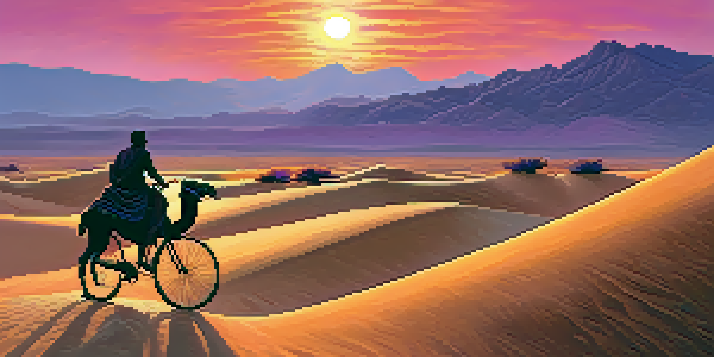 A cyclist riding through golden sand dunes at sunset, with a camel and mountains in the background.