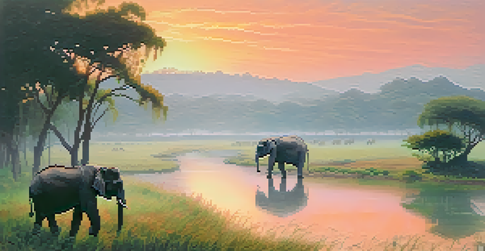 A scenic view of Jim Corbett National Park at sunrise, showing green forests and elephants in the foreground under a colorful sky.
