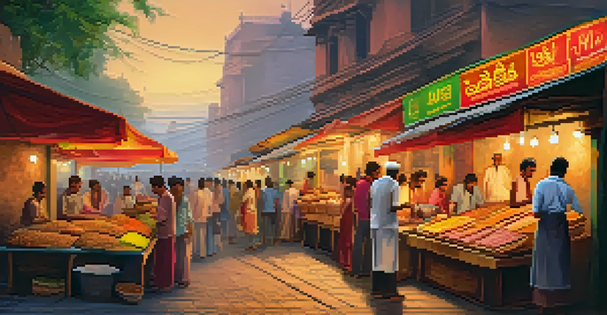 A busy Vada Pav stall in Mumbai with a vendor making the dish surrounded by customers, illuminated by sunset light.