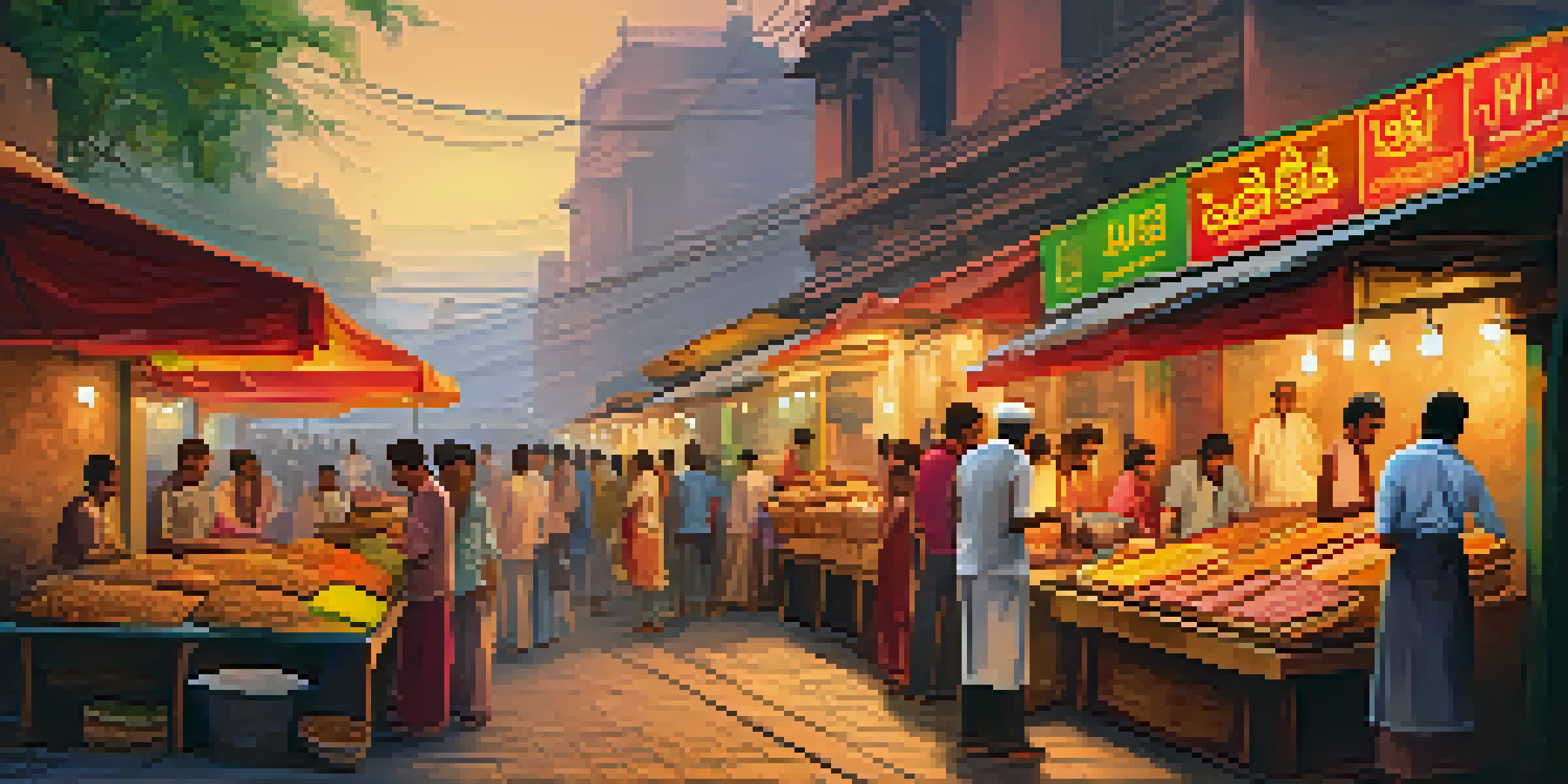 A busy Vada Pav stall in Mumbai with a vendor making the dish surrounded by customers, illuminated by sunset light.