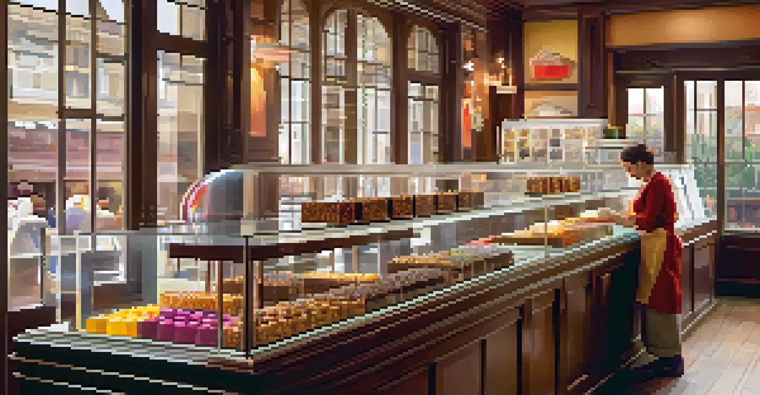 An artisan chocolate shop showcasing colorful chocolates, with a chocolatier working in the background, all bathed in warm natural light.