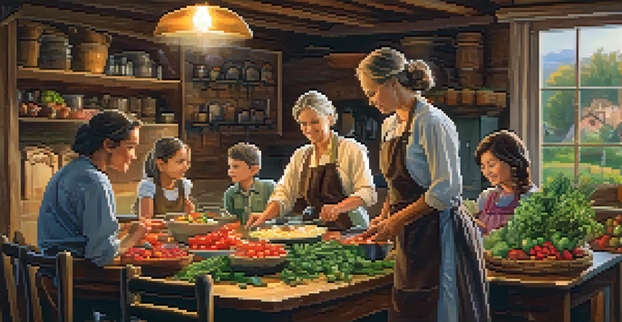 A family gathered in a kitchen preparing traditional heritage foods with fresh ingredients on a rustic wooden table.