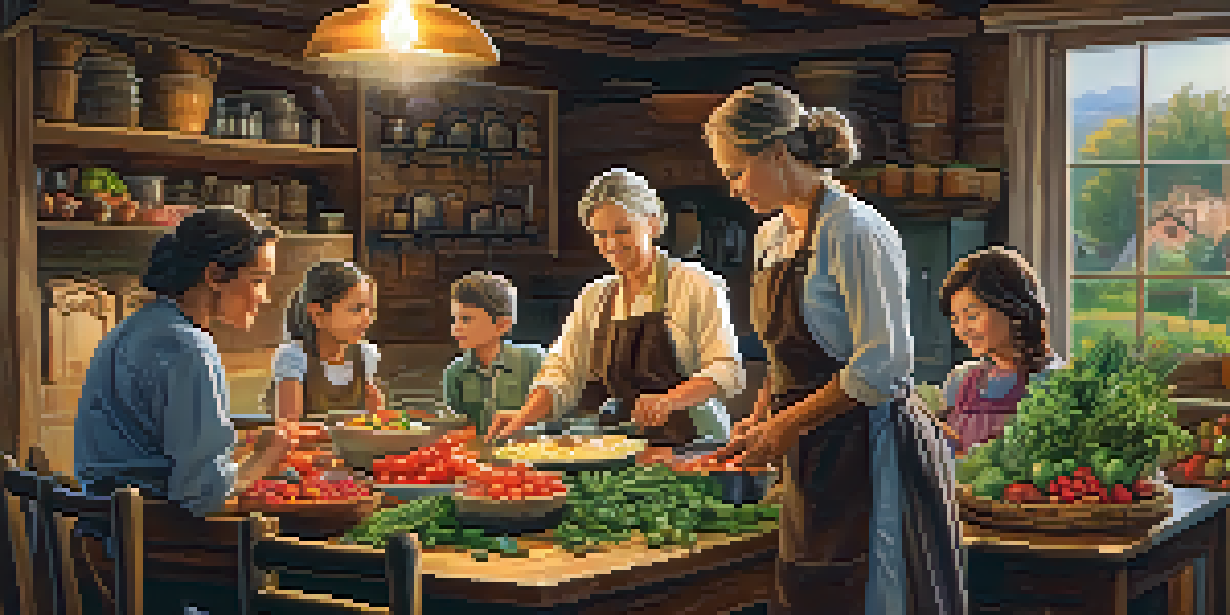 A family gathered in a kitchen preparing traditional heritage foods with fresh ingredients on a rustic wooden table.